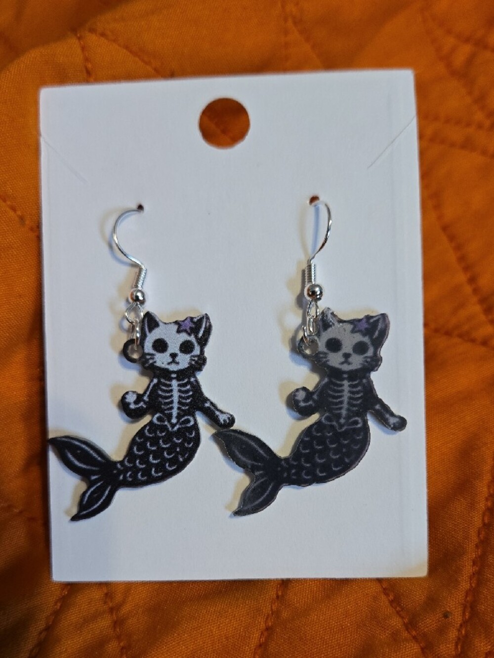 Gray Cat Mermaid Skeleton Dangle Earrings